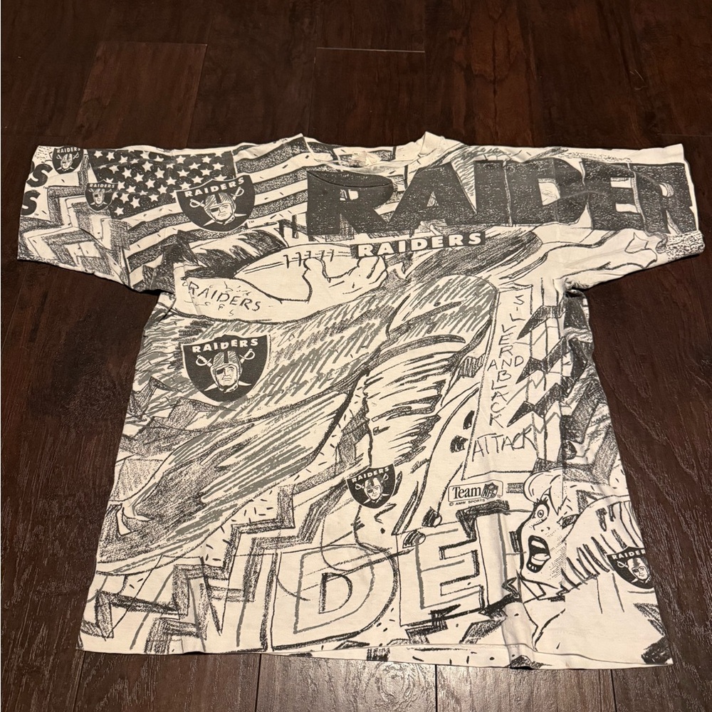 Vintage 90s Raiders AOP T Shirt Magic Johnson Mens Medium NFL All Over Print